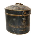 A 19TH CENTURY TOLEWARE AND BRASS WIG BOX Mr Registrar Prichard, with interior stand. (25cm)