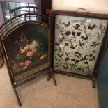 A VICTORIAN GLAZED FIRE SCREEN with hand painted decoration in the form of birds and flowers,
