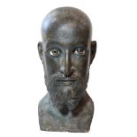 A 19TH CENTURY CARVED WOODEN MALE PORTRAIT BUST, BEARDED MAN WITH BROWN GLASS EYES. (31cm)