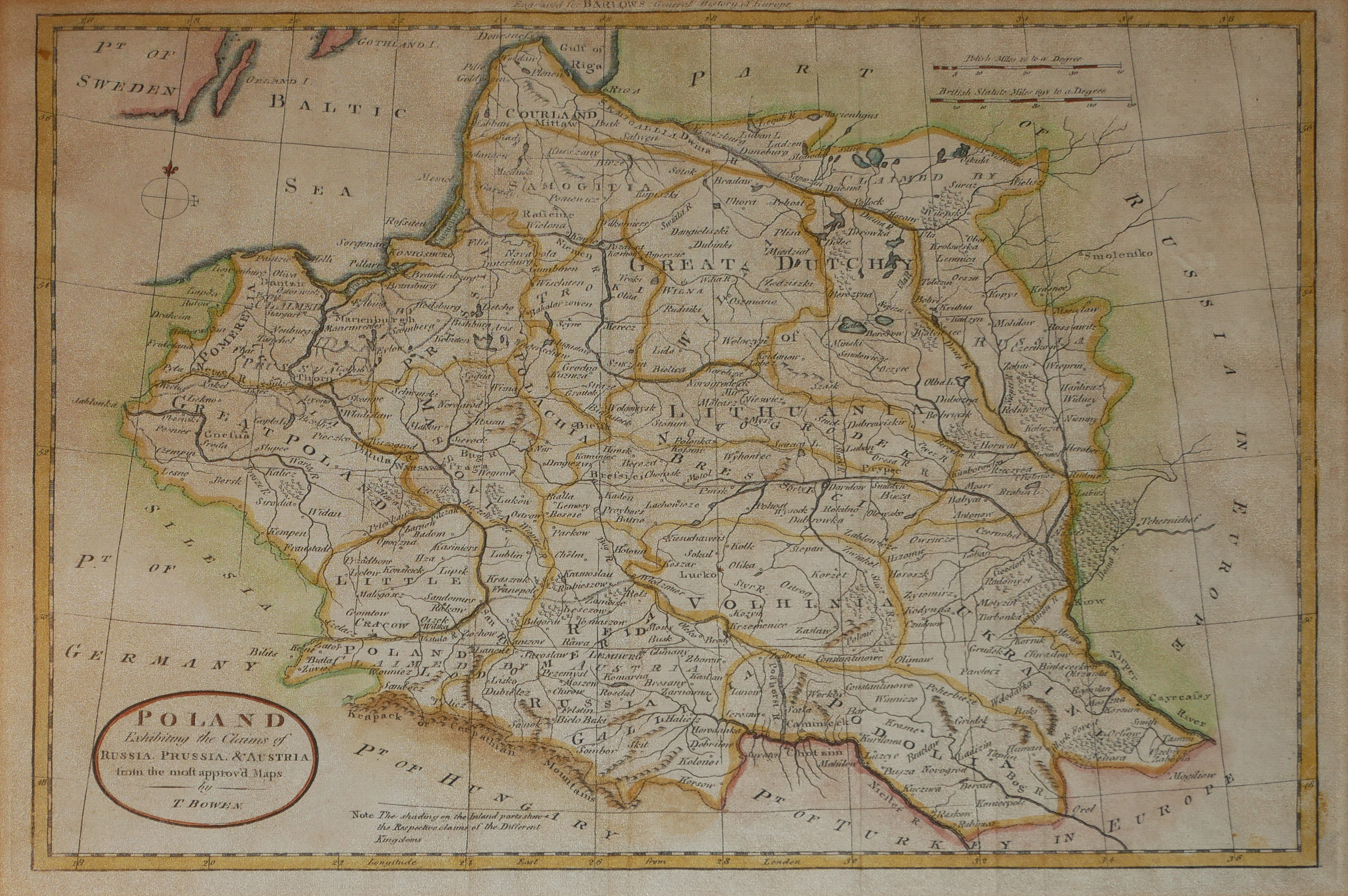 T. BOWEN, AN 18TH CENTURY HAND COLOURED ENGRAVING, MAP OF POLAND 'Exhibiting The Claims of Russia,