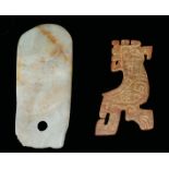 A CHINESE ARCHAIC FORM CARVED JADE RECTANGUAR AXE HEAD Together with a Shang style crested bird