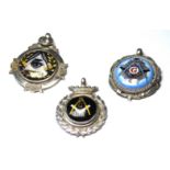 THREE EARLY 20TH CENTURY SILVER AND MODERN ENAMEL MASONIC WATCH FOBS Each set with round Masonic