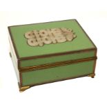 YAMANAKA, JAPANESE, A GREEN ENAMELLED GILT BRONZE TABLE CASKET The top set with jade medallion,