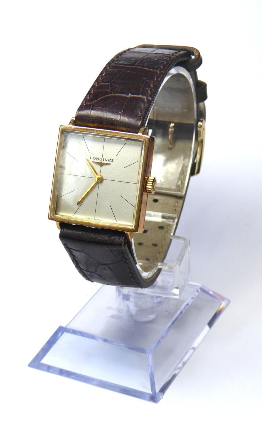 LONGINES, A VINTAGE 9CT GOLD GENT'S WRISTWATCH Square form with champagne dial and gilt hands, on - Image 3 of 7