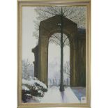 PETER HARRIS, MBE, A 20TH CENTURY OIL ON BOARD Winter scene, tall archway, monogram lower right,