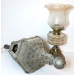 AN EDWARDIAN OIL LAMP Along with a brass lantern.