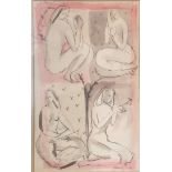 FENCHWANGER, GERMAN, JEWISH, WASH AND INK Four nude female study, signed, dated '57, mounted, framed