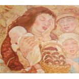 A LARGE 20TH CENTURY OIL ON CANVAS LAID TO BOARD Titled 'The Mushroom Pickers', bearing monogram,