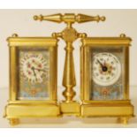 A GILT BRASS AND PORCELAIN DOUBLE MINIATURE DESK CLOCK Having a time piece and barometer, each set