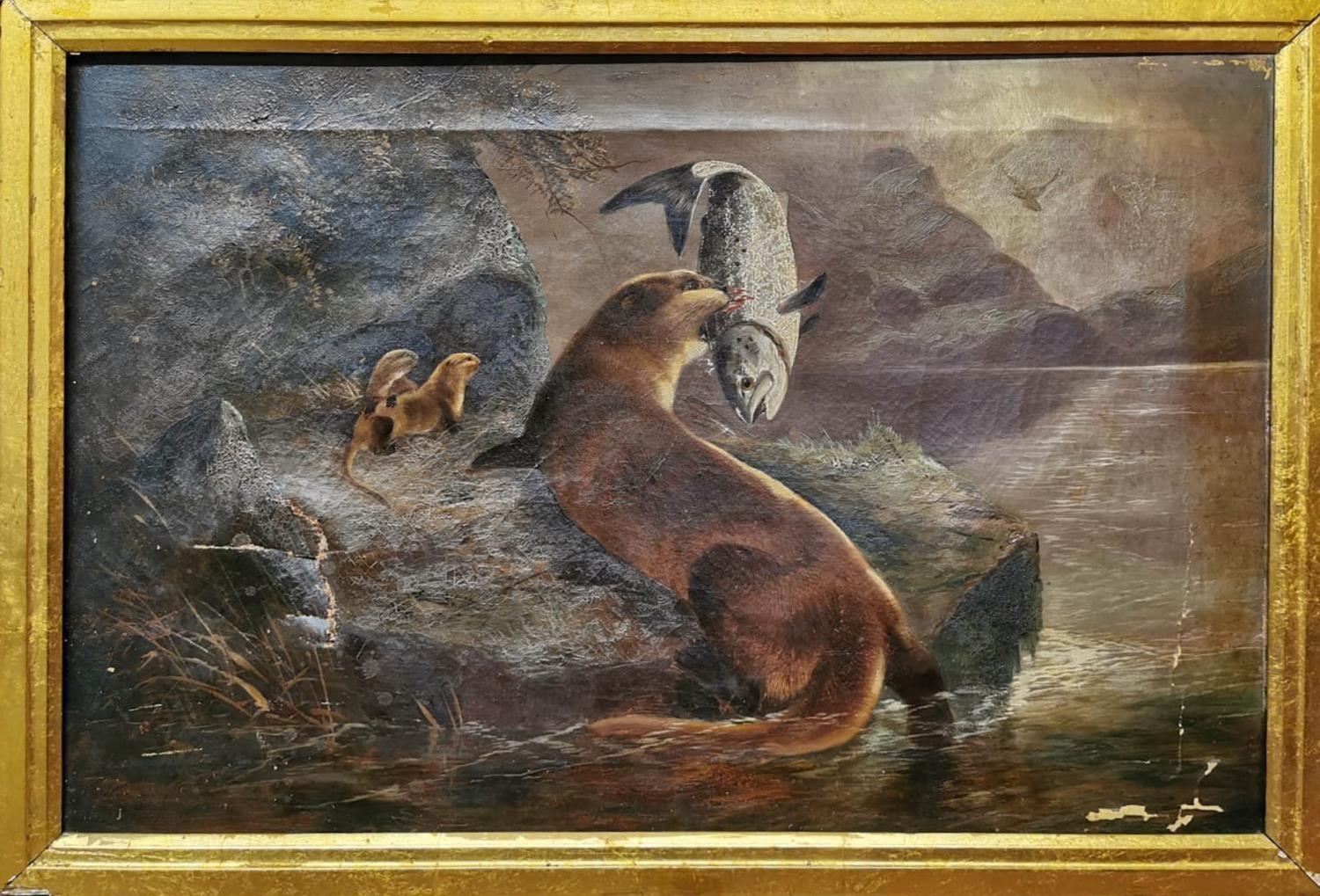 WITHDRAWN ROBERT CLEMINSON, A 19TH CENTURY OIL ON CANVAS Highland lake scene, with feeding otter,