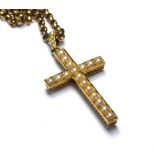 A VICTORIAN YELLOW METAL AND SEED PEARL CRUCIFIX WITH 9CT GOLD NECKLACE The single row of seed