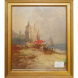 A 19TH CENTURY CONTINENTAL WATERCOLOUR Coastal landscape, view of fishing boats, signed 'AB 1878' to