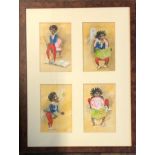 A SET OF FOUR EARLY 20TH CENTURY WATERCOLOURS FRAMED AS ONE, GOLLIWOGS READING GHOST STORIES
