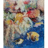 A LARGE 20TH CENTURY OIL ON BOARD, ABSTRACT SCENE Titled 'Wonderland of Coral' bearing signature,