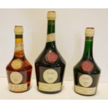 BENEDICTINE, THREE BOTTLES OF VINTAGE BRANDY LIQUEUR A 1 litre bottle with red seal, a matching