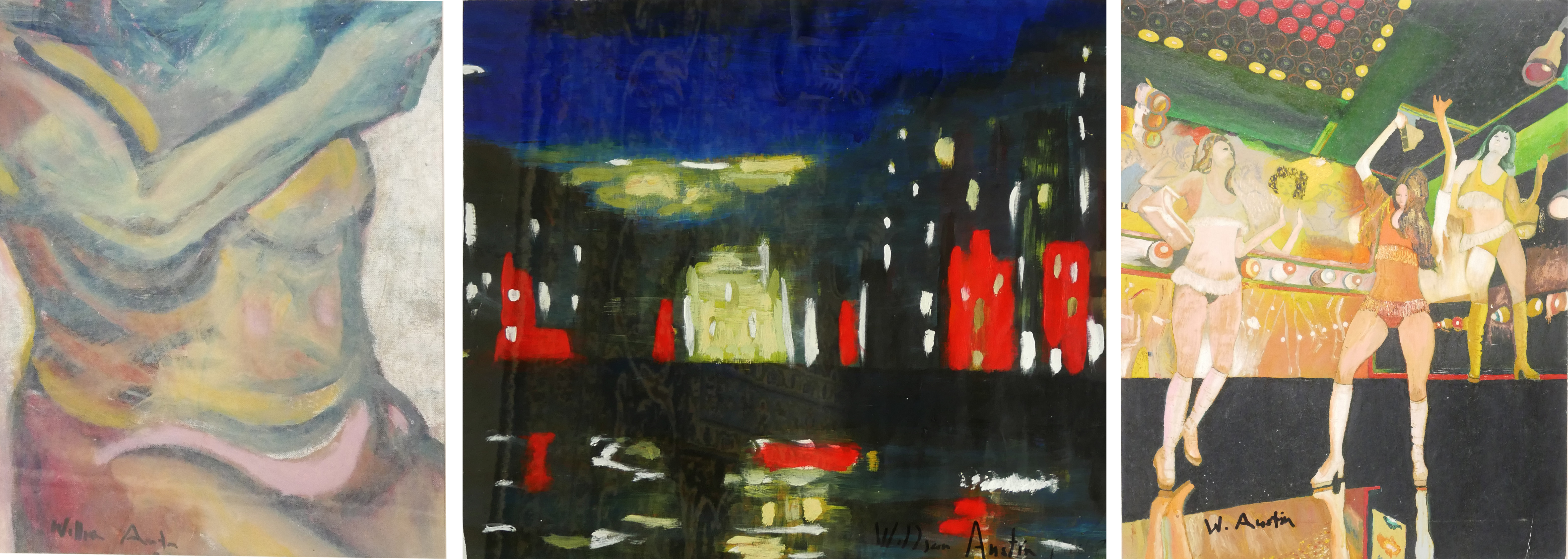 WILLIAM AUSTIN THREE WORKS To include an abstract city landscape, a seminude and disco scene,