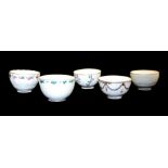 A COLLECTION OF FIVE LATE 18TH/EARLY 19TH CENTURY CHELSEA DERBY PORCELAIN TEA BOWLS Each hand