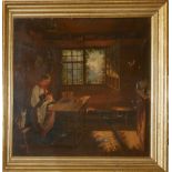 A 19TH CENTURY CONTINENTAL OIL ON CANVAS INTERIOR SCENE A seated girl with snowscape mountain view
