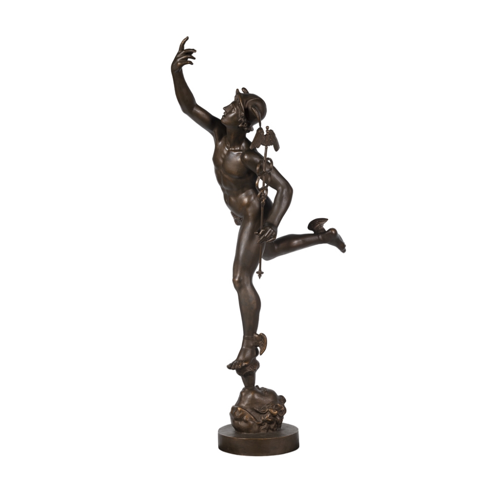 AFTER GIAMBOLOGNA, MERCURY, A LARGE PATINATED IRON FIGURE. (h 194cm)