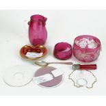 A COLLECTION OF EARLY 20TH CENTURY CRANBERRY GLASS Comprising a perfume bottle with silver top, an