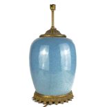 AN EARLY 20TH CENTURY CHINESE DUCK EGG BLUE VASE Converted to a lamp with gilt bronze fittings. (