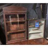 THREE EARLY 20TH CENTURY WALL HANGING GLAZED DISPLAY CABINETS. (largest 77cm x 32cm x 71cm)