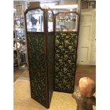 AN EDWARDIAN MAHOGANY AND SATINWOOD BANDED THREE FOLD DRESSING SCREEN With a glazed section above