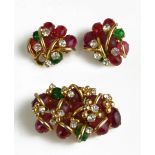 CHRISTIAN DIOR, A VINTAGE COSTUME BROOCH AND EARRING SET The arrangement of beads in a gilt frame,