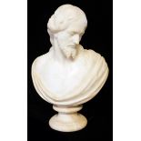 A 19TH CENTURY WHITE MARBLE BUST OF CHRIST On turned socle base. (49cm)