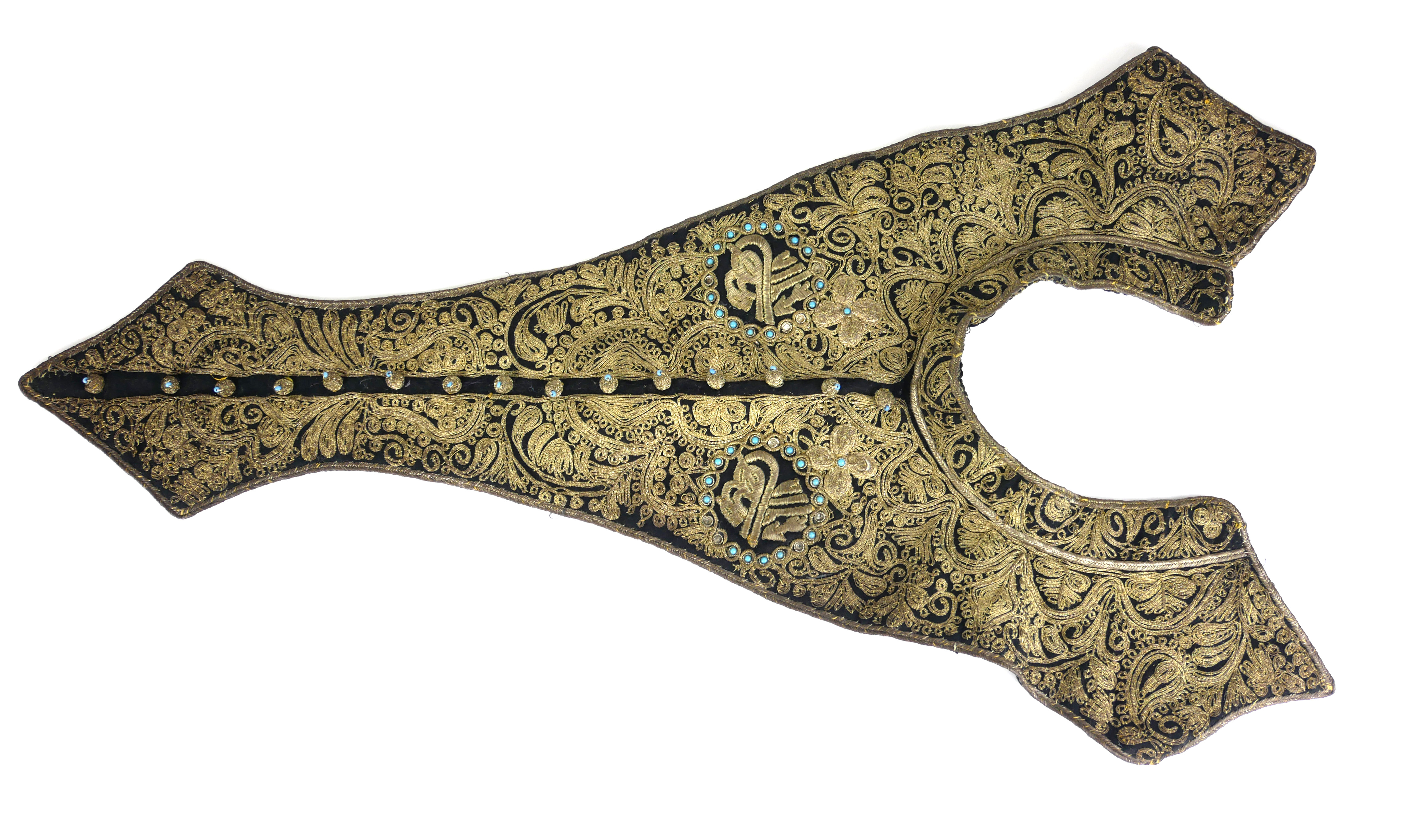 A LATE 19TH/EARLY 20TH CENTURY TURKISH OTTOMAN GILT THREAD AND TURQOISE EMBROIDERED TURGHA COLLAR