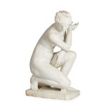 AFTER THE ANTIQUE, A 19TH CENTURY ITALIAN CARVED WHITE MARBLE FIGURE OF THE CROUCHING VENUS