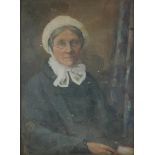 A 19TH CENTURY OIL ON BOARD PORTRAIT Elderly lady wear G a white lace bonnet, bearing a label to