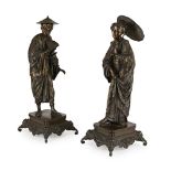 A FINE PAIR OF SECOND HALF 19TH CENTURY FRENCH 'JAPONISME' PATINTED AND PARCEL GILT BRONZE