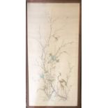 A LARGE EARLY 20TH CENTURY CHINESE SILK EMBROIDERED PICTURE Cranes and butterflies amongst prunus,