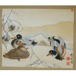 A COLLECTION OF FIVE CHINESE WATERCOLOURS Landscapes, exotic birds in foliage with silk mounts,