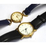 ROTARY, A GOLD PLATED LADIES' WRISTWATCH Having a sapphire winder and blue snakeskin strap, complete