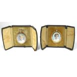 A RARE PAIR OF CASED 9CT GOLD AND IVORY OVAL MINIATURE PORTRAITS Portraits of two young brothers,