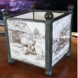 MINTONS, A 19TH CENTURY PLANTER With bronze frame set with four tiles, farmyard scenes. Condition: