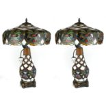 A PAIR OF TIFFANY STYLE MUSHROOM TABLE LAMPS AND SHADES. (h 60cm)