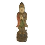 A CHINESE CARVED WOOD FIGURE OF A DEITY Standing pose on a scroll base. (tall 59cm)