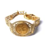 A 9CT GOLD FANCY DESIGN BRACELET WITH CIRCA 1880 VICTORIAN FULL SOVEREIGN. (SOVEREIGN REVERSE) 36g