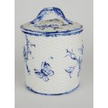 A VICTORIAN PORCELAIN BLUE AND WHITE JAR AND COVER Having embossed floral decoration on basket weave