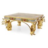 A 19TH CENTURY GILT BRONZE STAND The square top above apron inset with semiprecious stones and