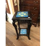 A VICTORIAN JAPANESQUE AND CERAMIC TWO TIER PLANT STAND Set with two turquoise glaze tiles marked '