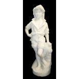 AN ITALIAN WHITE MARBLE CARVED STATUE Young fisherman in traditional dress, resting on a rock with