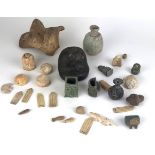 A COLLECTION OF VARIOUS ANTIQUITIES To include charms, counters, stone crocodile, pots etc.