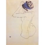 EGON SCHEILE, LARGE PRINT Seated female nude with head band, mounted, framed and glazed. (60cm x