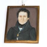 A 19TH CENTURY MINIATURE PORTRAIT, PORTRAIT OF A GENTLEMAN Wearing a black coat, rectangular gilt