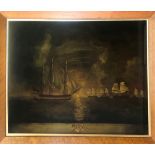 A PAIR OF EARLY 20TH CENTURY REVERSE GLASS PICTURES War ships of the fleet and scene, birdseye maple