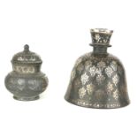 A 19TH CENTURY INDIAN BIDRI HOOKA BASE Along with a heavy Indian white metal jar and cover,